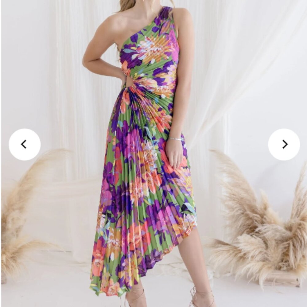NWT Skye One Shoulder Pleated Floral Maxi Dress Violet